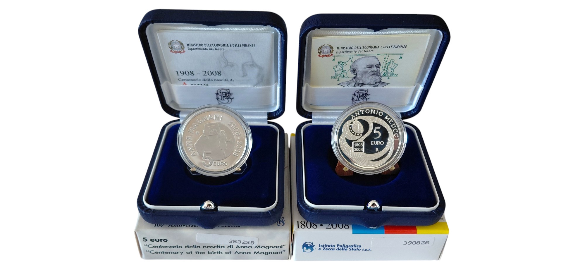 Italia, 2008, 2 monete da 5 Euro in FdC in argento 925/‰ con certificato: Anna Magnani (1908–2008...