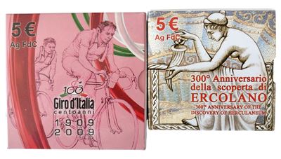 Italia, 2009, 2 monete da 5 Euro FdC in argento 925‰ (Giro d’Italia 2009, Centenario 1909-2009 e ...