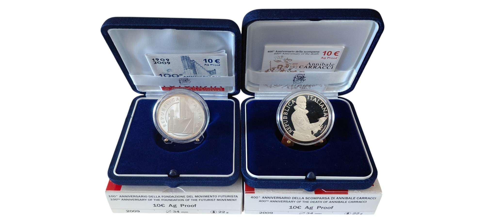 Italia, 2009, 2 monete da 10 Euro “FS” in argento 925 ‰, Proof, 100° Anniversario del Futurismo e...