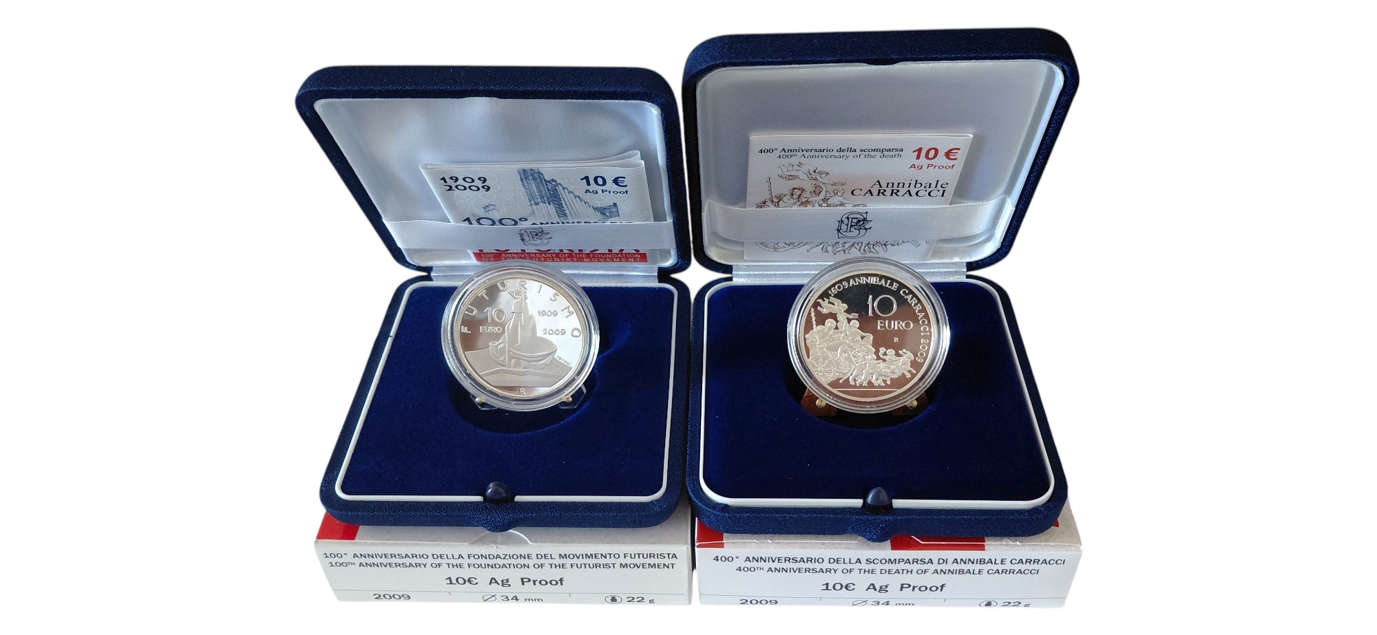 Italia, 2009, 2 monete da 10 Euro “FS” in argento 925 ‰, Proof, 100° Anniversario del Futurismo e...