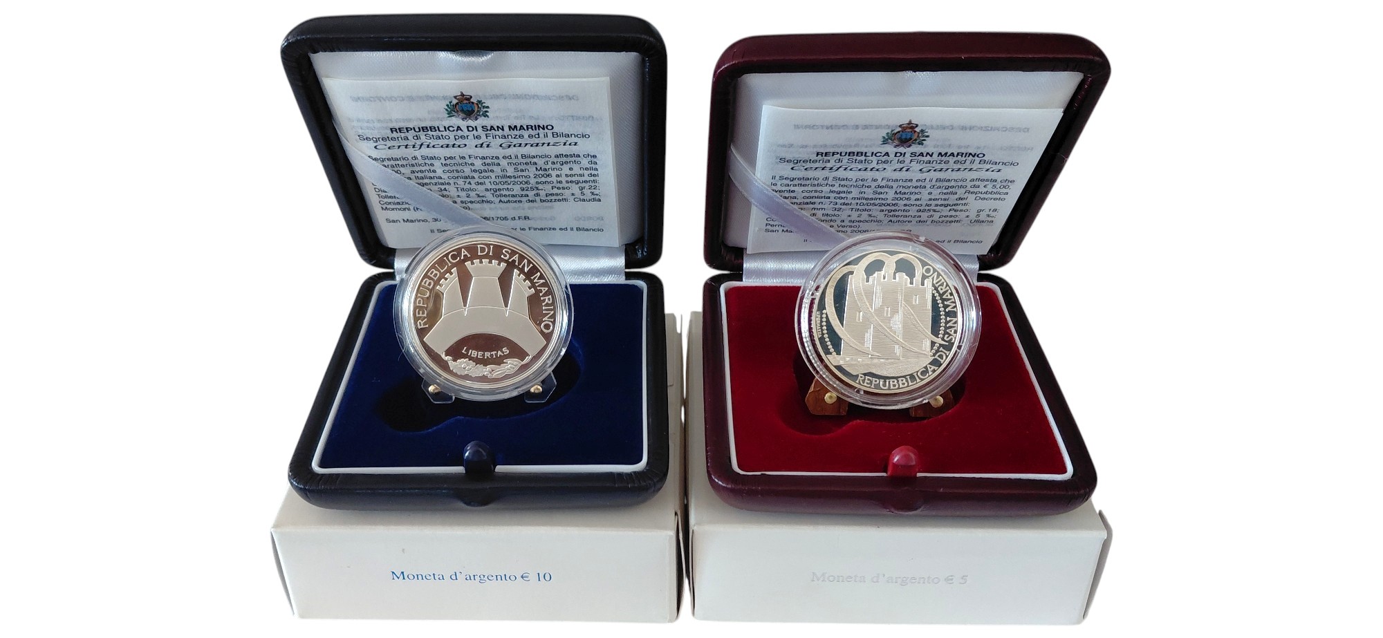 San Marino, 2006, 2 monete commemorative da 5+10 Euro in argento 925‰ (Proof) con certificato