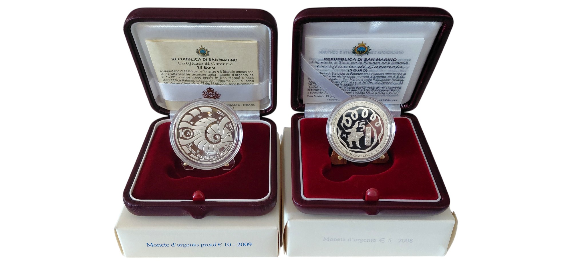 San Marino, 2008-2009. 2 monete da 5 e 10 Euro in argento 925‰ (proof) con certificato di autenti...