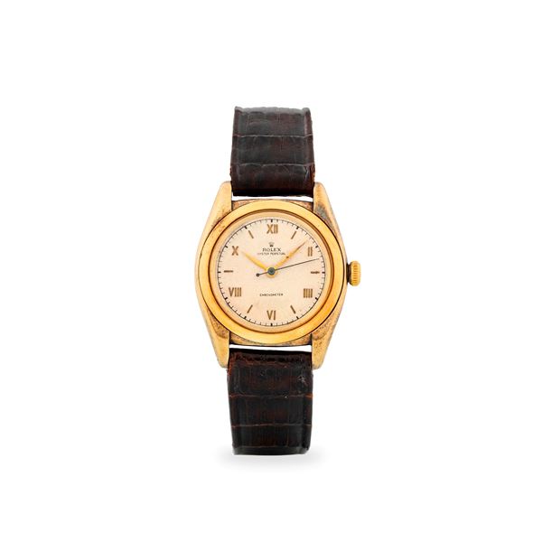 Oyster Perpetual Ovetto ref. 3131 in oro giallo 14k, quadrante argentè con numeri Romani e lancette a foglia, circa 1946