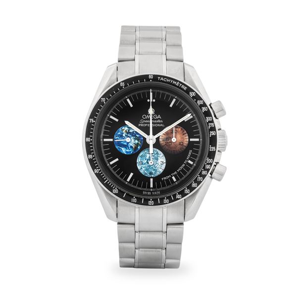 Omega - Speedmaster Professional Moonwatch "From the Moon to Mars" in acciaio, quadrante nero con contatori decorati con immagini della terra, luna e marte, con estratto d'archivio, circa 2005