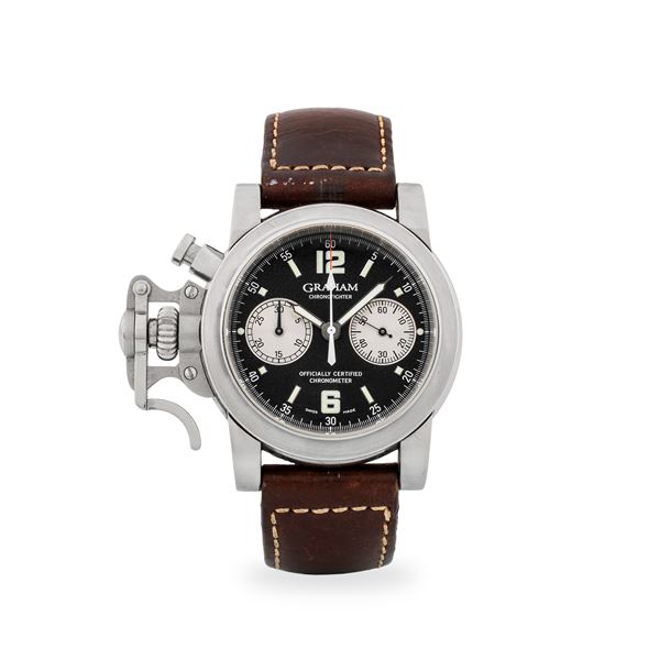 GRAHAM - Chronofighter in acciaio, quadrante nero con contatori argentè al tre e al nove, con scatola originale, circa 2000