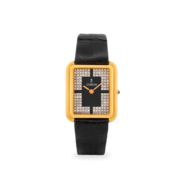 Elegante Tank ref. 27218 in oro giallo 18k, quadrante nero con pavè di diamanti, circa 1980