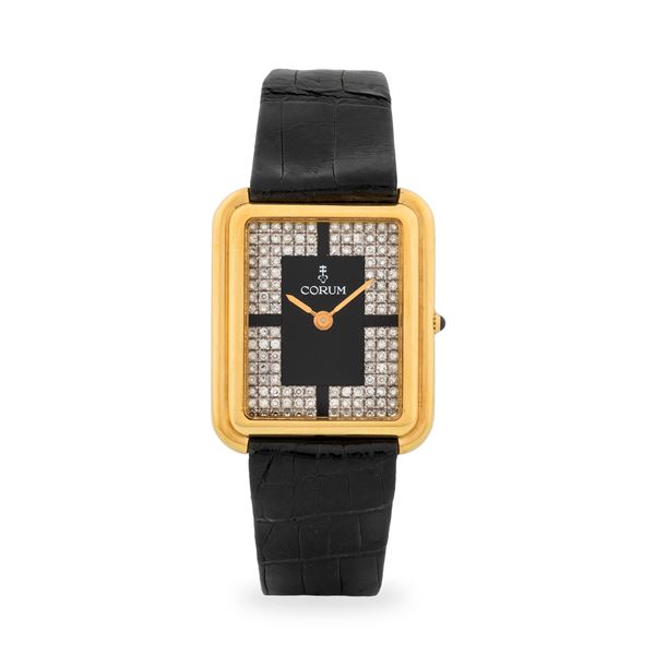 Corum - Elegante Tank ref. 27218 in oro giallo 18k, quadrante nero con pavè di diamanti, circa 1980