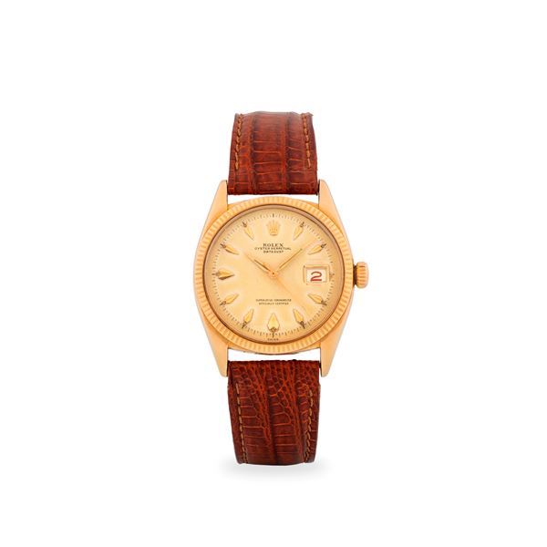 Datejust ref. 6605 in oro giallo 18k, quadrante champagne con indici a deltoide e lancette Alpha, circa 1956