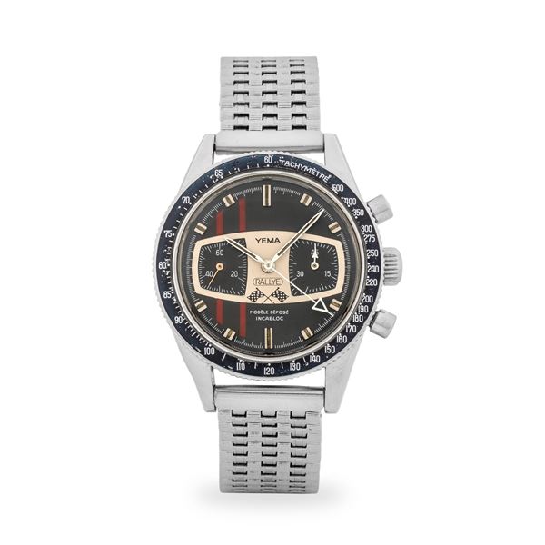 Yema - Cronografo Rallye "Mario Andretti" ref. 93016B in acciaio, quadrante nero con contatori al tre e al nove, circa 1970
