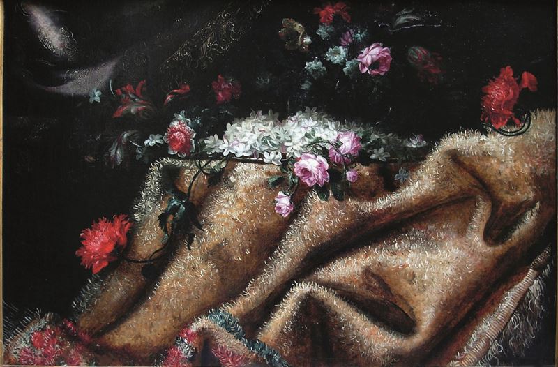 Giuseppe Volò detto Giuseppe Vincenzino (attivo a Milano durante la seconda metà del XVII secolo) : Natura morta di fiori e tessili  - olio su tela - Auction Old Masters Paintings - Cambi Casa d'Aste