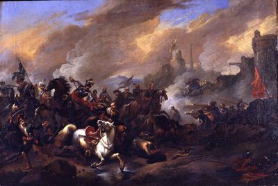 Scontro di cavalleria tra Cristiani e Saraceni, olio su tela