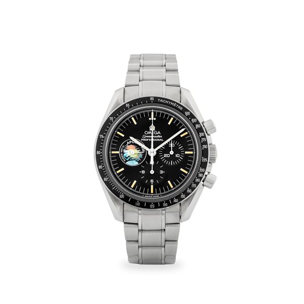 Professional Speedmaster Apollo XIII ref. 145.0022 in acciaio, quadrante nero con contatore al nove decorato con emblema ufficiale della missione Apollo XIII, esemplare 828/999, circa 1995