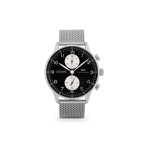 Cronografo Portoghese ref. 3714 in acciaio con tasti a pompa e bracciale milanese, quadrante nero con contatori argentè, garanzia service, circa 2000