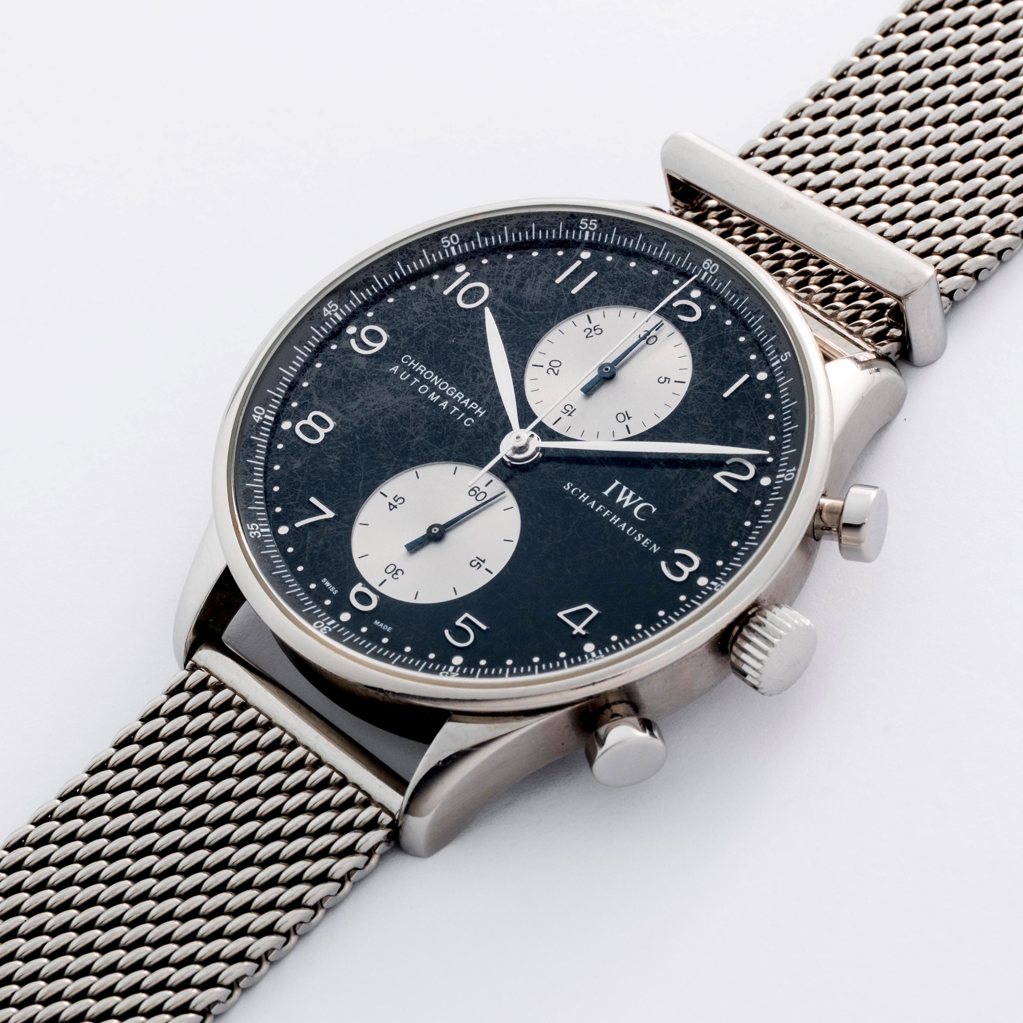 Iwc - Cronografo Portoghese ref. 3714, acciaio, quadrante nero con contatori argentè