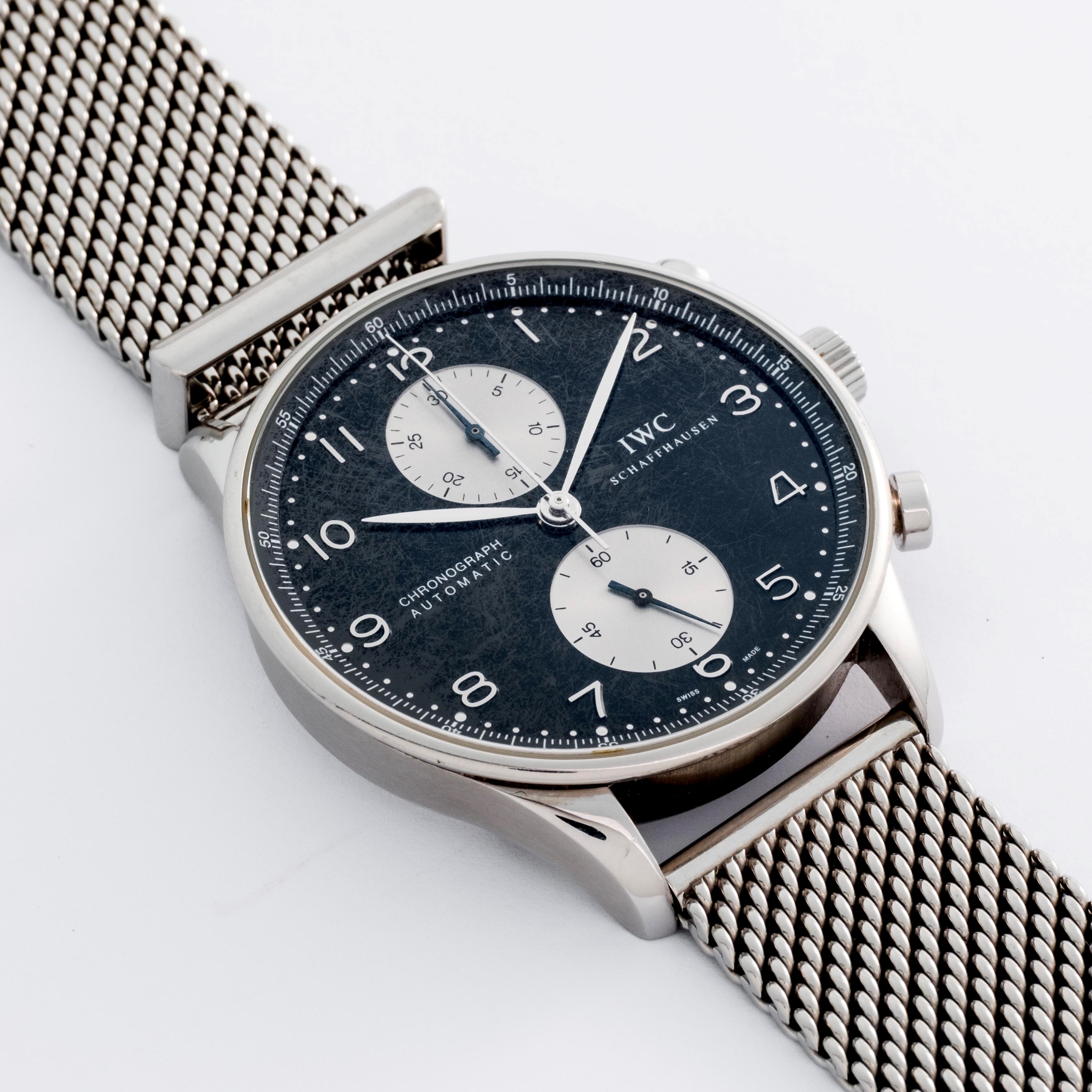 Iwc - Cronografo Portoghese ref. 3714, acciaio, quadrante nero con contatori argentè