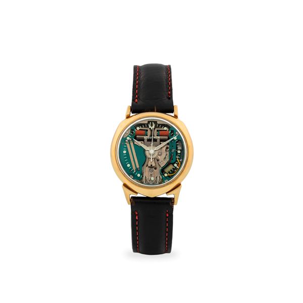 Accutron Alpha Spaceview in oro giallo 14k, quadrante scheletrato, con scatola originale, circa 1970