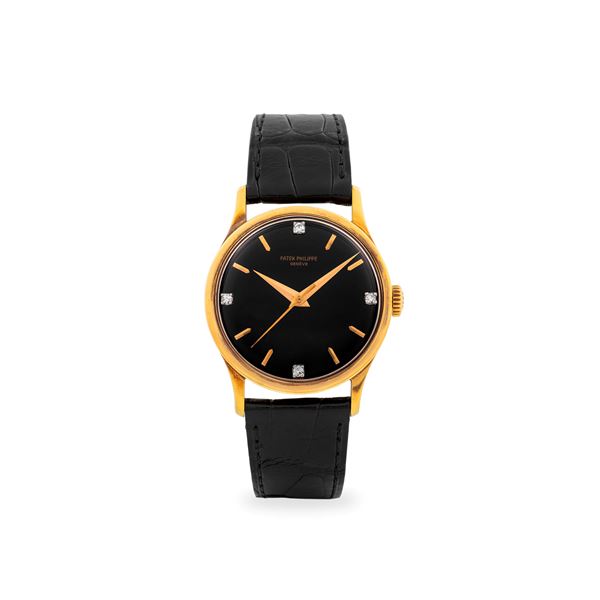 Raro Calatrava ref. 570 in oro giallo 18k, quadrante nero  lucido a specchio con indici in diamanti e lancette Dauphine, circa 1955