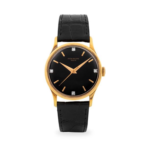 Raro Calatrava ref. 570 in oro giallo 18k, quadrante nero  lucido a specchio con indici in diamanti  [..]