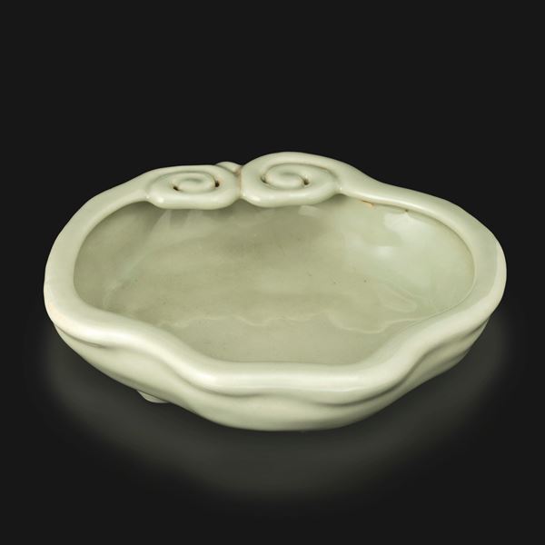 Extremely rare celadon porcelain brush washer in the form of a ruyi head, China, Qing Dynasty, Qianlong mark and period (1736–1796).