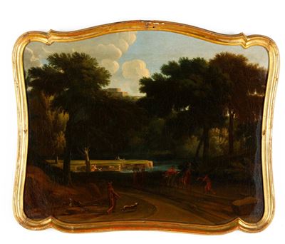 Scuola del XVIII secolo, Coppia di sovrapporte con paesaggi e figure, olio su tela sagomata