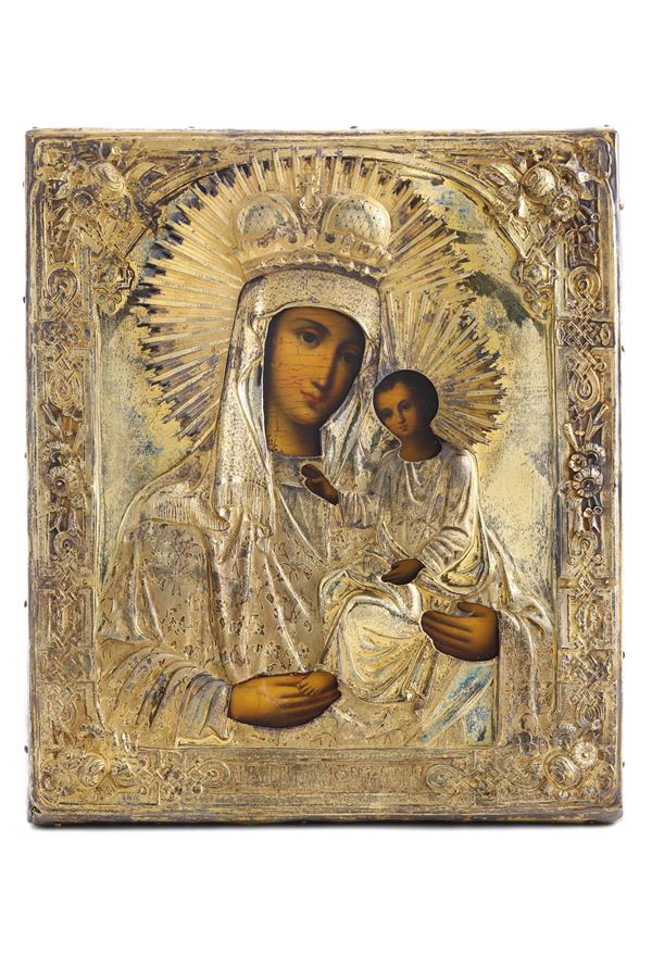 Icona su tavola. Riza in argento, Mosca, 1872. Saggiatore Viktor Savinkov. MArchio dell'argentiere di difficile lettura
