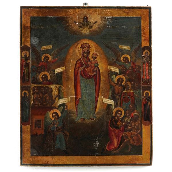 Icona raffigurante Madonna con Bambino, Angeli e Santi, cm 45x36 circa