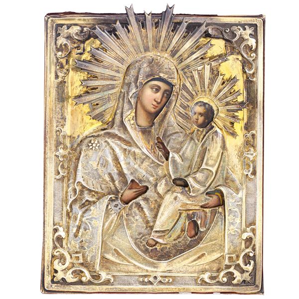 Icona su tavola. Riza in argento, Mosca 185(?). Saggiatore Nikolay Dubrovin. Marchio dell'argentiere A O non identificato