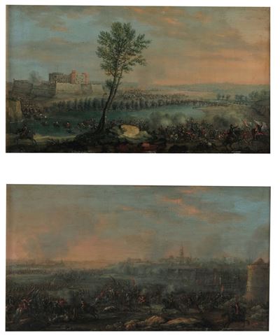 Scuola del XVIII secolo, Assedi di città (coppia di dipinti)
