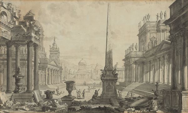 Scenografia con veduta di piazza e obelisco