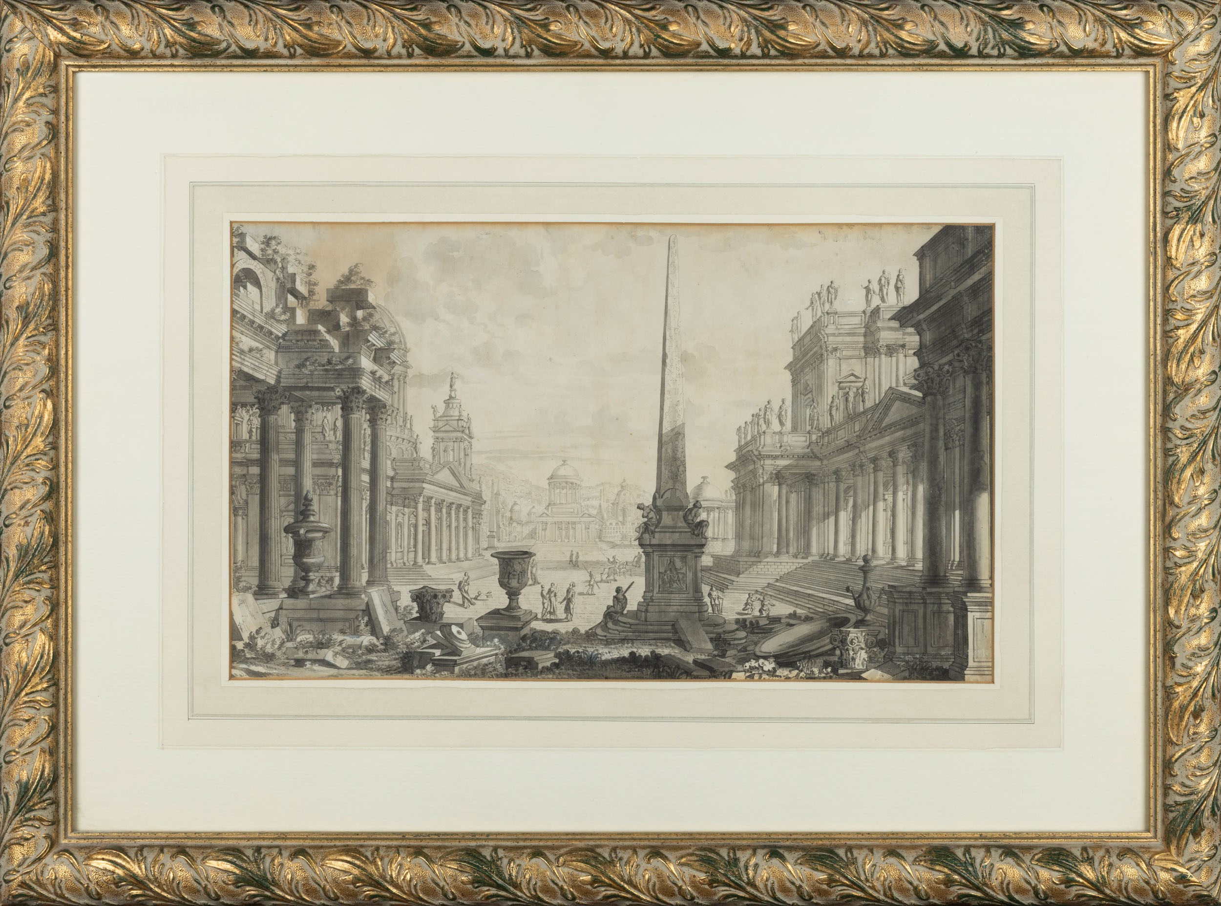 Giuseppe Galli da Bibbiena - Scenografia con veduta di piazza e obelisco, penna, inchiostro e acq...