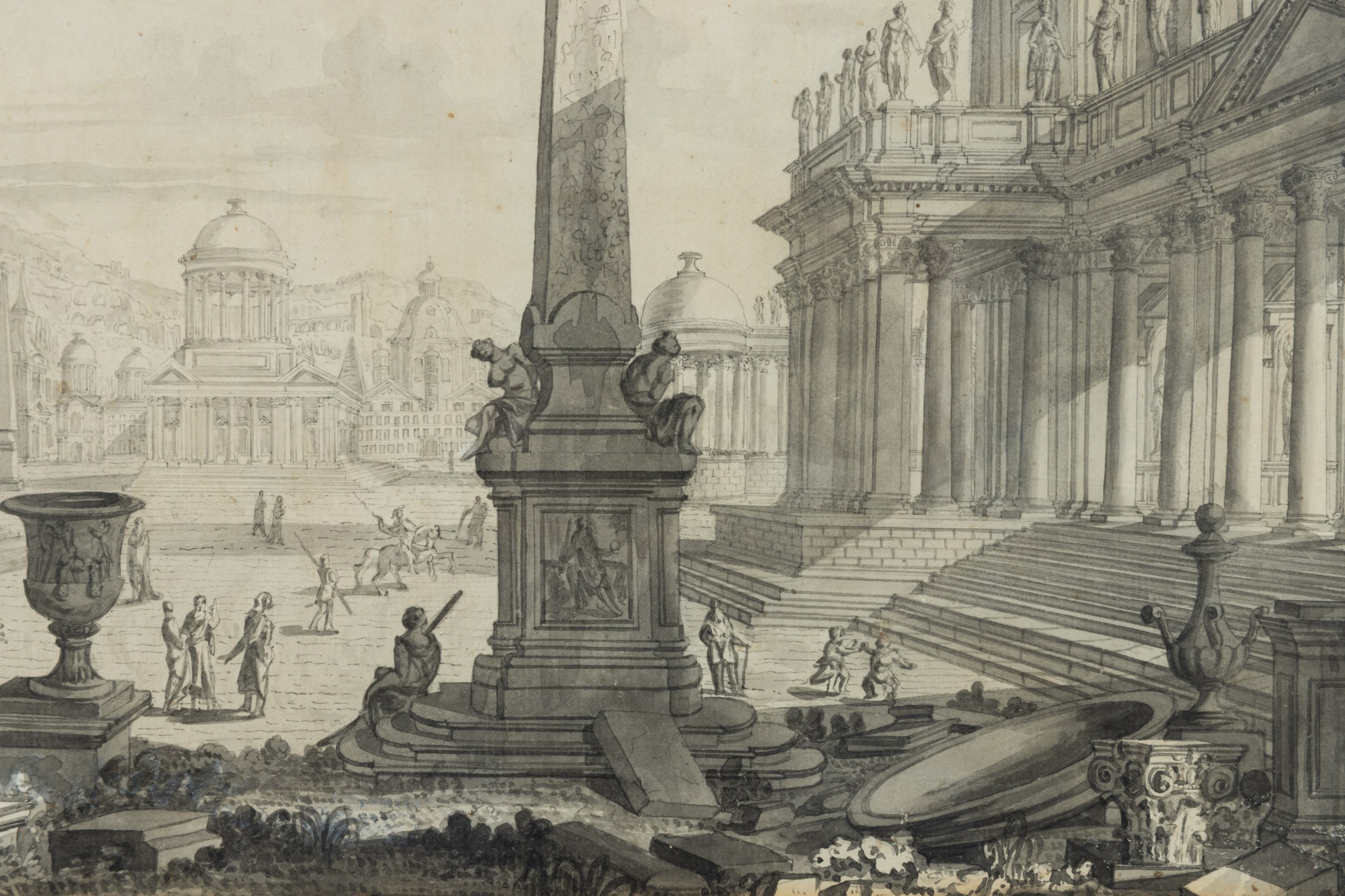 Giuseppe Galli da Bibbiena - Scenografia con veduta di piazza e obelisco, penna, inchiostro e acq...