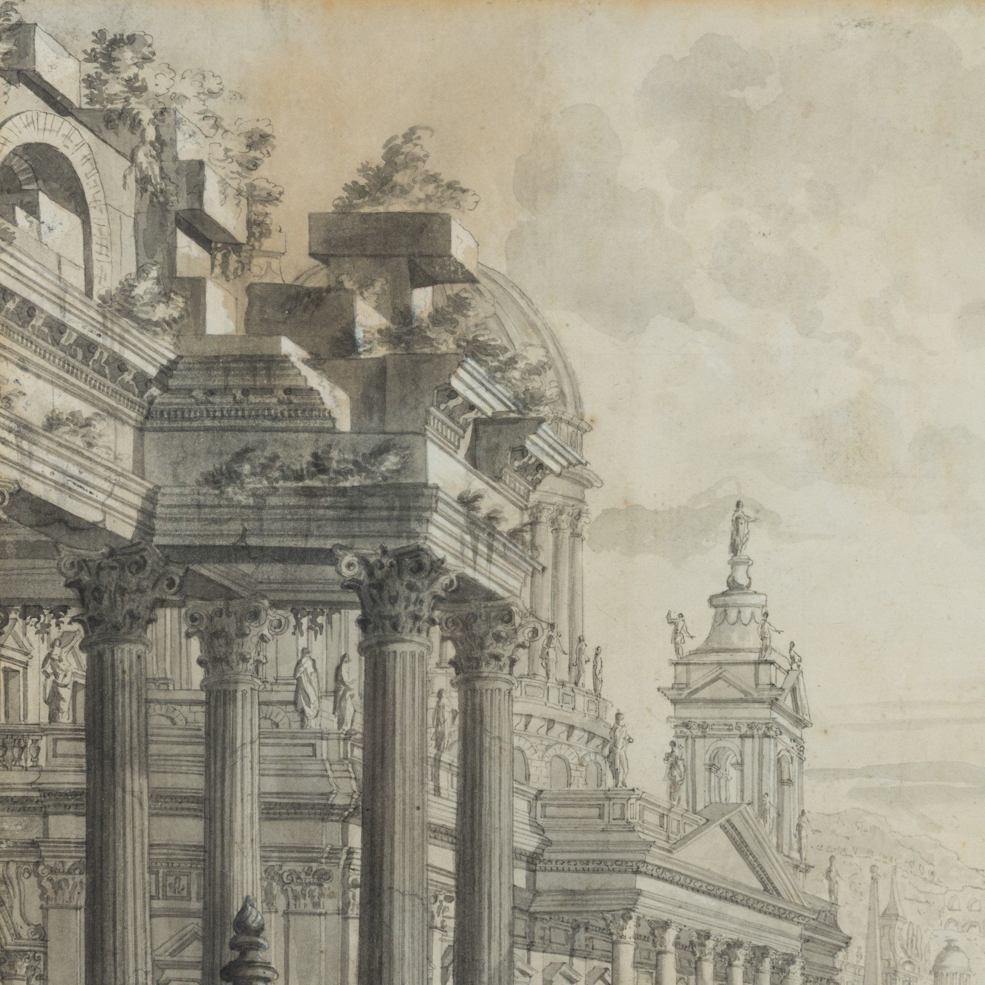 Giuseppe Galli da Bibbiena - Scenografia con veduta di piazza e obelisco, penna, inchiostro e acq...