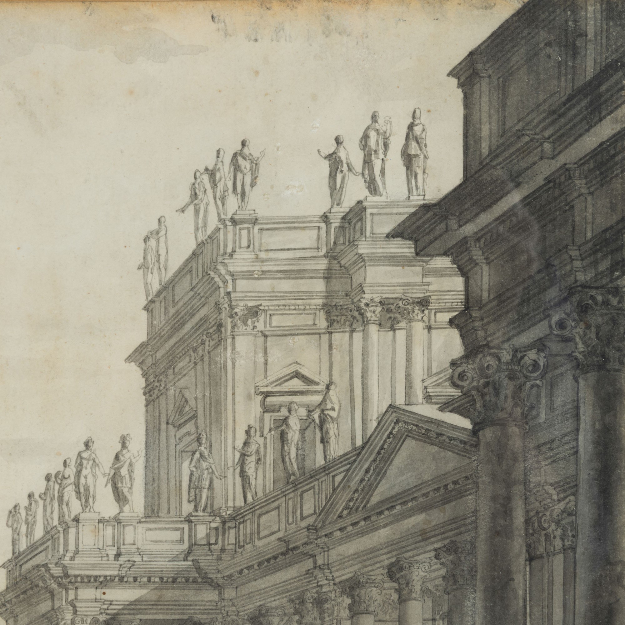 Giuseppe Galli da Bibbiena - Scenografia con veduta di piazza e obelisco, penna, inchiostro e acq...