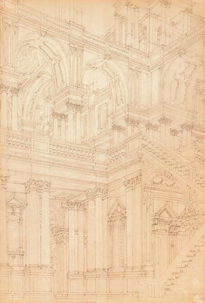 Scenografia architettonica con portici, volte e scalinate