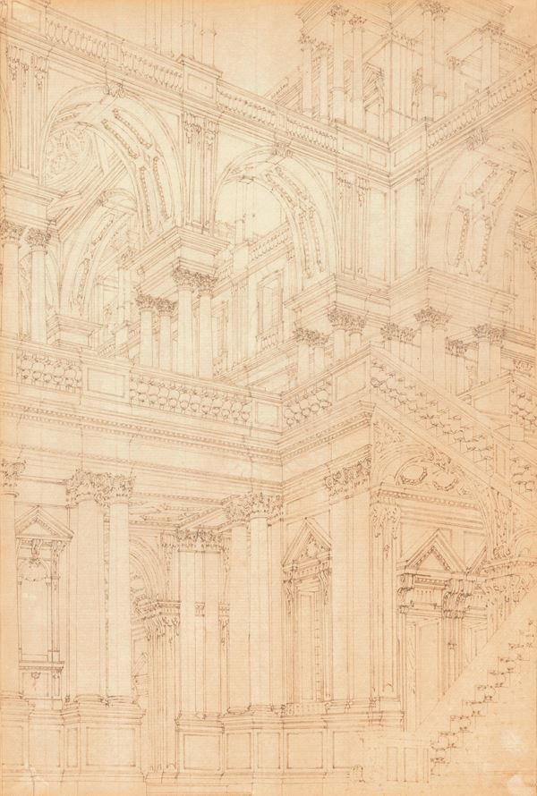 Scenografia architettonica con portici, volte e scalinate