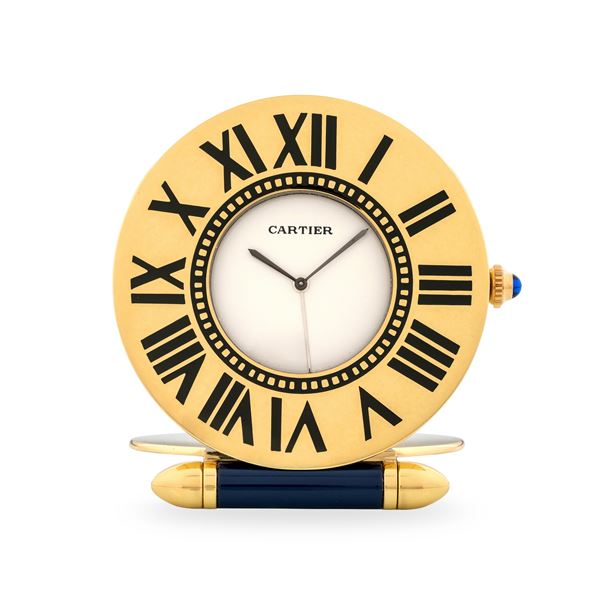 Cartier - Orologio da viaggio "Obus" in ottone dorato e smalto con indicazione dei numeri Romani sulla cassa, quadrante bianco, con scatola originale, circa 1990