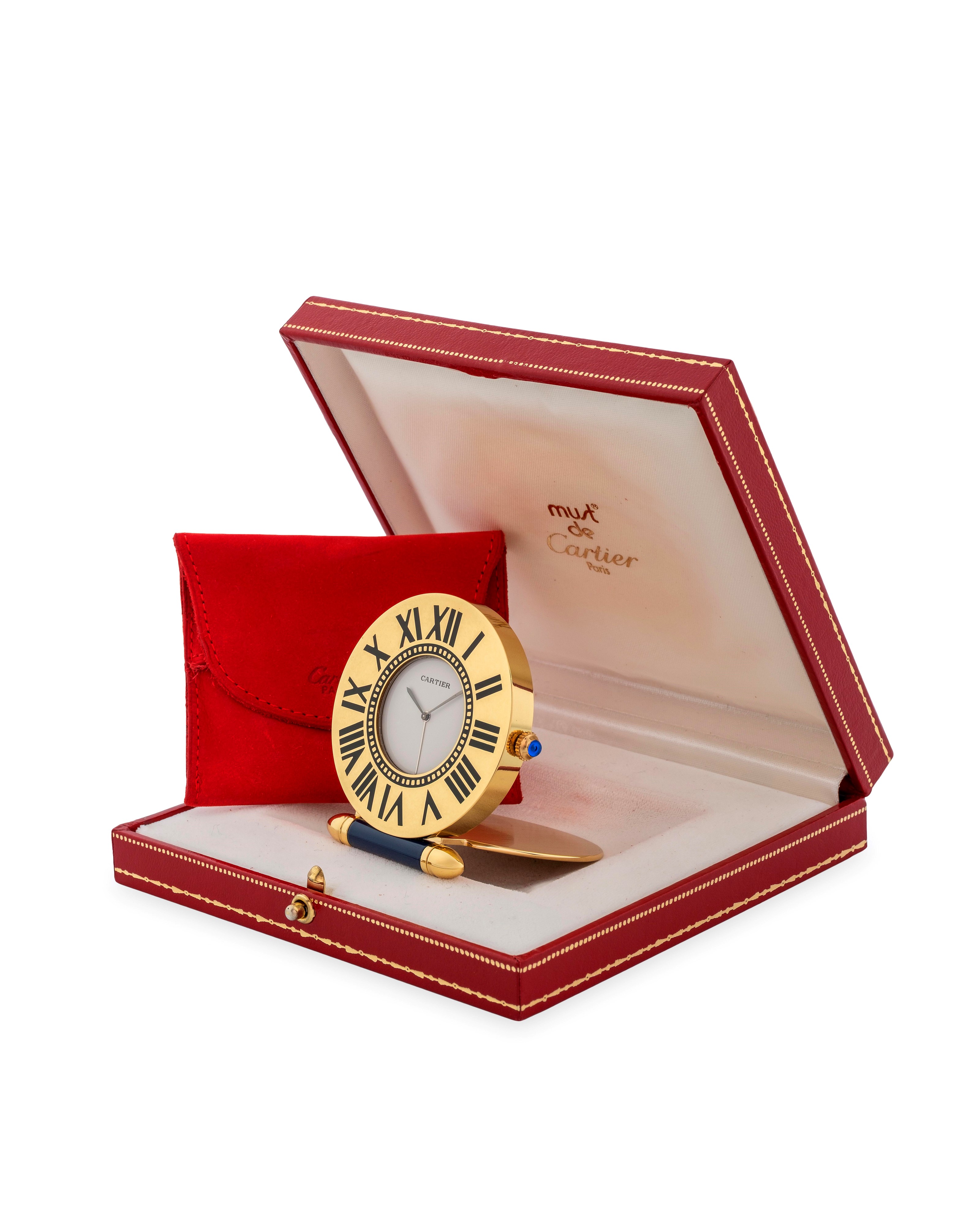Cartier - Orologio da viaggio “Obus” in ottone dorato e smalto con quadrante bianco (quarzo) circ...