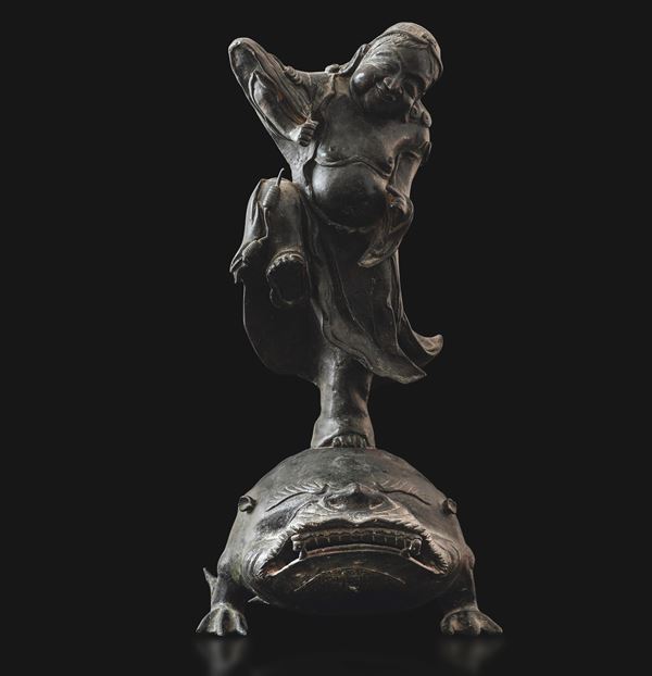 Big bronze figure of the immortal Liu Haichan with a toad, China, Ming Dynasty, 17th century.