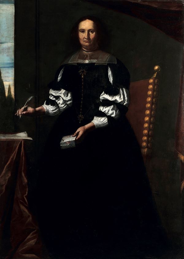 Scuola lombarda del XVII secolo Ritratto di gentildonna alla scrivania a figura intera
