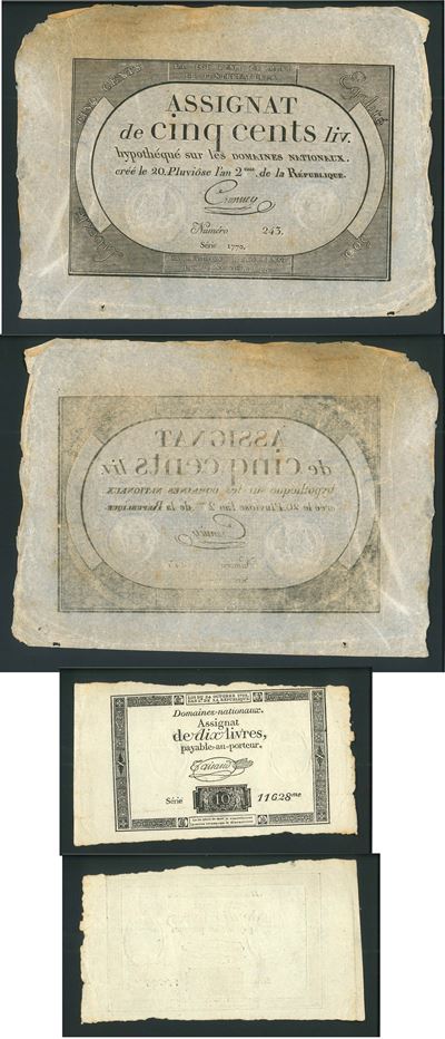 Francia assignat, lotto di 2 banconote: 500 livres (8/2/1794) e 10 livres (16/12/1791)
