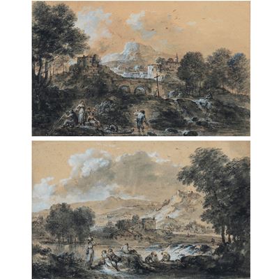 Paesaggi con figure di contadini e pastori (coppia di disegni)
