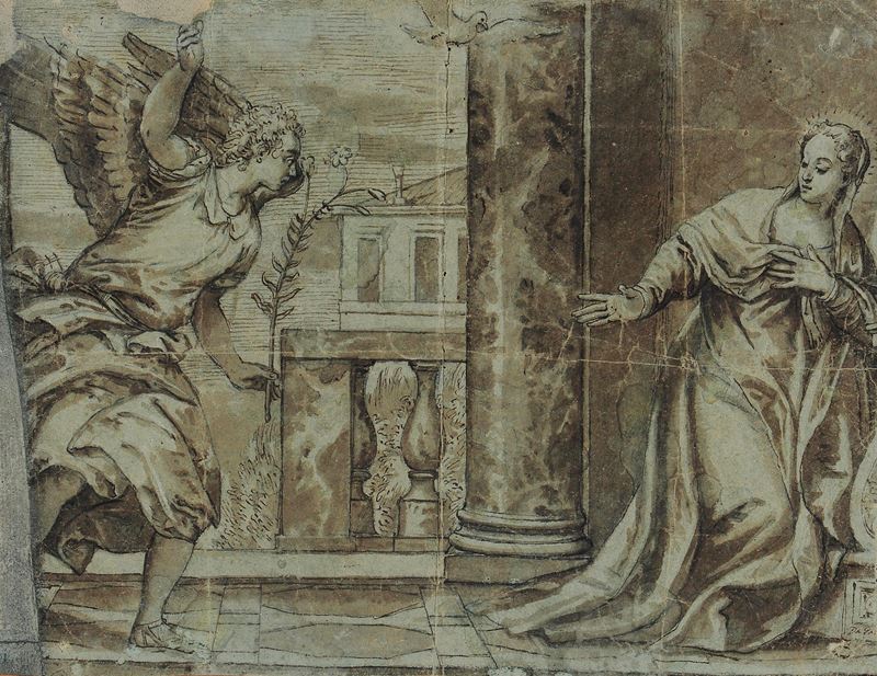 Paolo Caliari detto il Veronese : Annunciazione  - penna, inchiostro bruno e acquerello su carta preparata - Asta Old Masters Paintings - Cambi Casa d'Aste