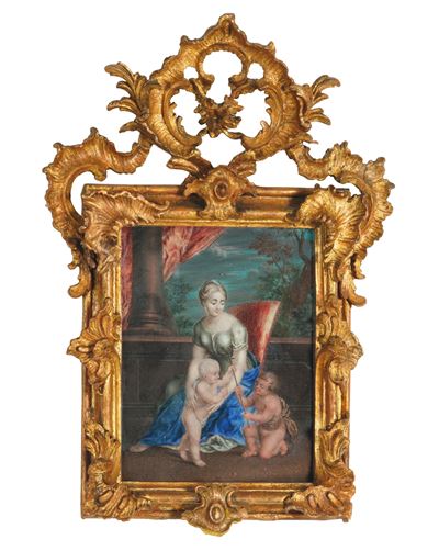Scuola del XVIII secolo, Madonna col Bambino e San Giovannino, tempera su pergamena incollata su ...