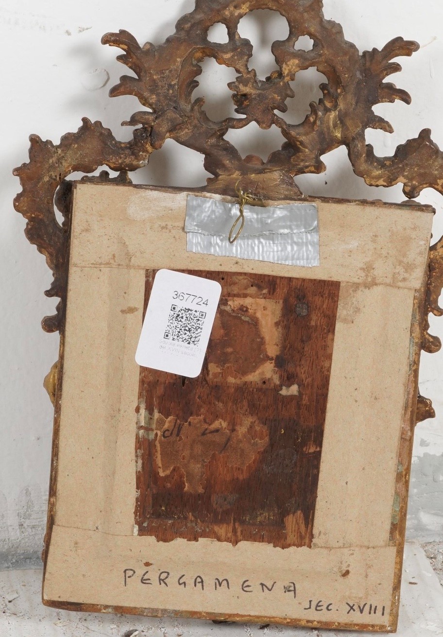 Scuola del XVIII secolo, Madonna col Bambino e San Giovannino, tempera su pergamena incollata su ...