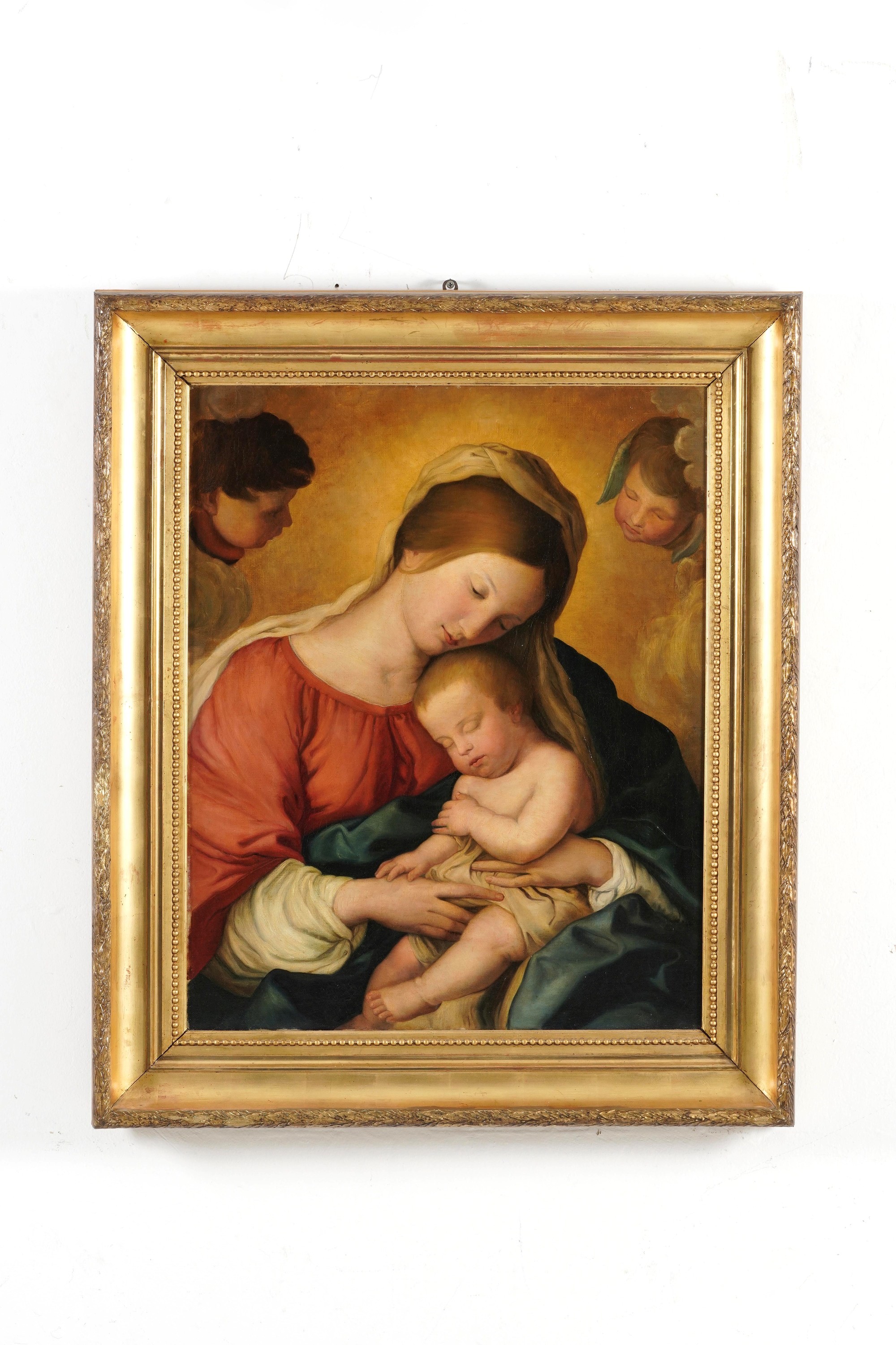 Giovan Battista Salvi Detto il Sassoferrato - Madonna con il Bambino e due cherubini, olio su tel...