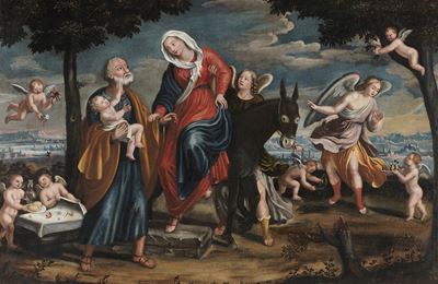 Scuola veneta del XVI secolo, Sacra Famiglia durante la fuga in Egitto, olio su tela