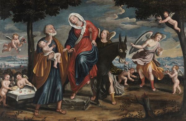Scuola veneta del XVI secolo Sacra Famiglia durante la fuga in Egitto