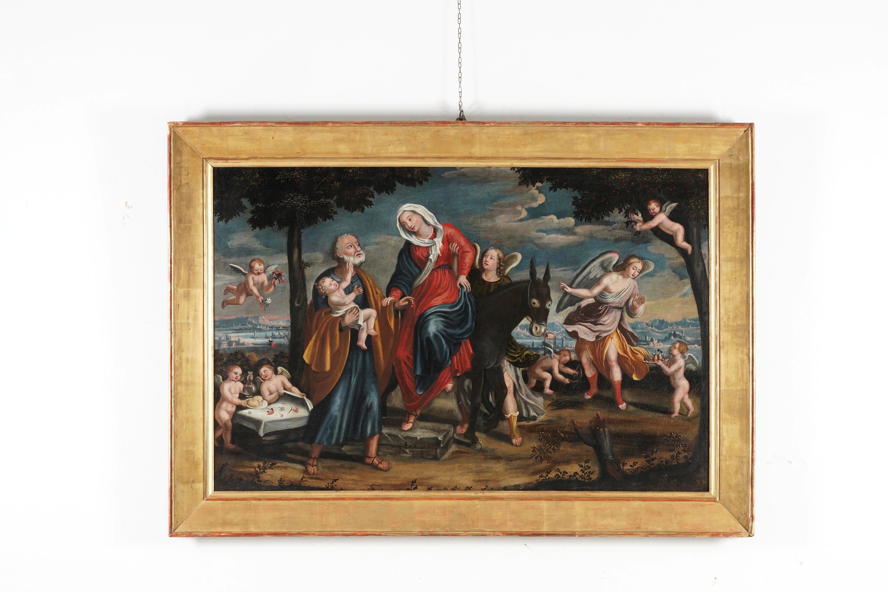 Scuola veneta del XVI secolo, Sacra Famiglia durante la fuga in Egitto, olio su tela