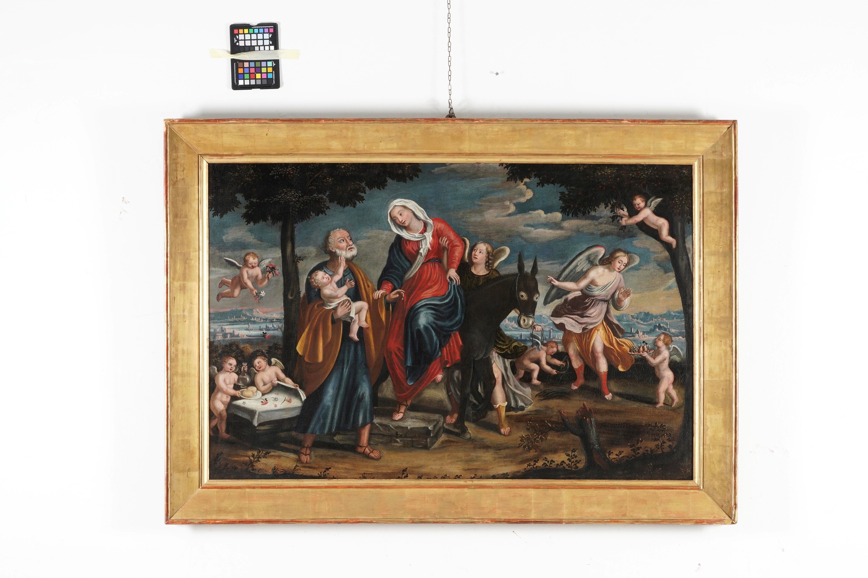Scuola veneta del XVI secolo, Sacra Famiglia durante la fuga in Egitto, olio su tela