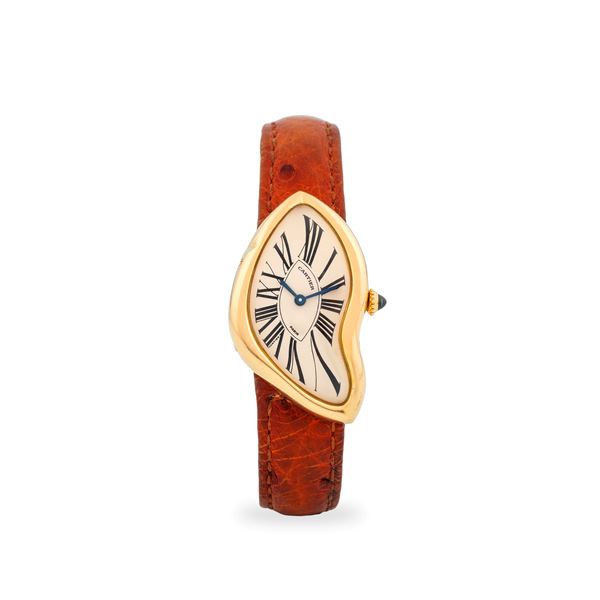 Crash Paris in oro giallo 18k con cassa asimmetrica e deployante originale, edizione limitata in 400 esemplari, quadrante argentè con numeri Romani esplosi, con scatola originale, circa 1991